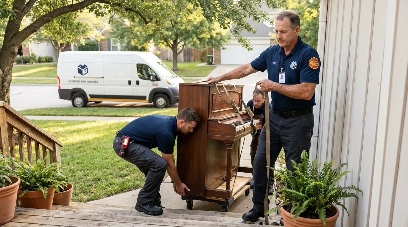 Licensed piano movers securing grand piano in Pennsville, NJ