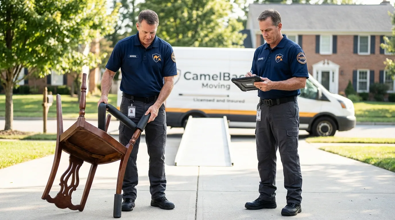 Movers inspecting furniture for damage prevention before loading in Pennsville, NJ