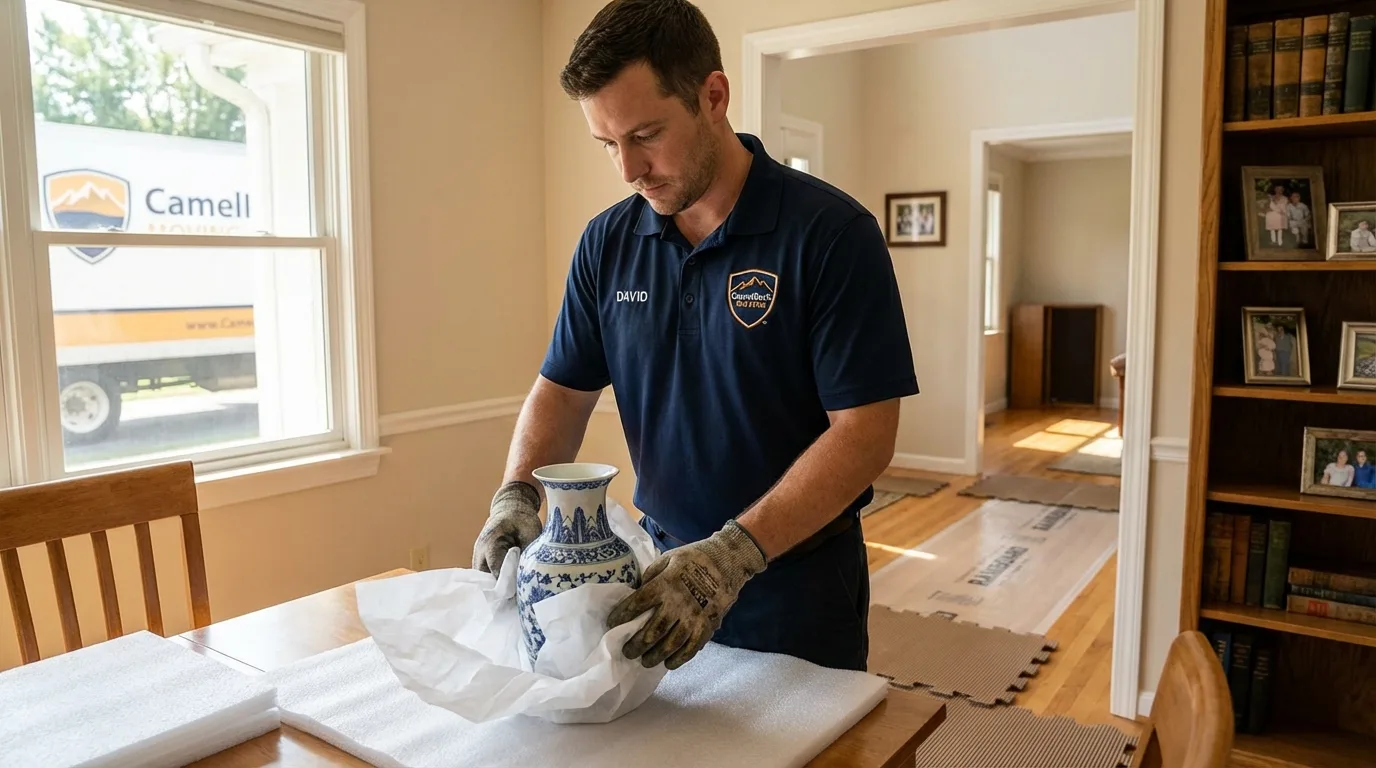 Professional crew carefully wrapping antique vase for senior downsizing move in Pennsville, NJ